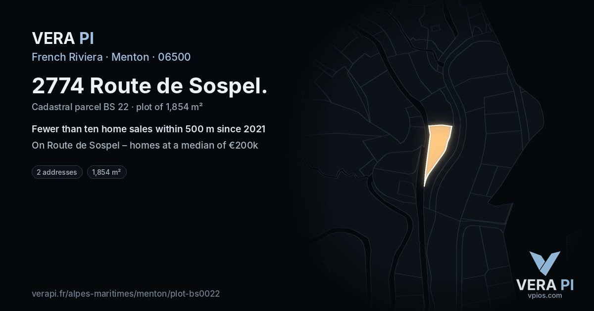2774 Route de Sospel, Menton at night – the plot lit, the parcels around coloured by the prices near them