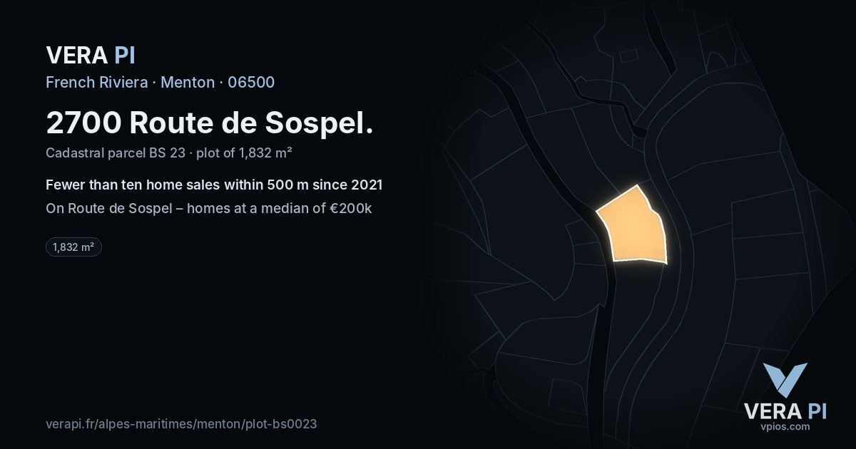 2700 Route de Sospel, Menton at night – the plot lit, the parcels around coloured by the prices near them