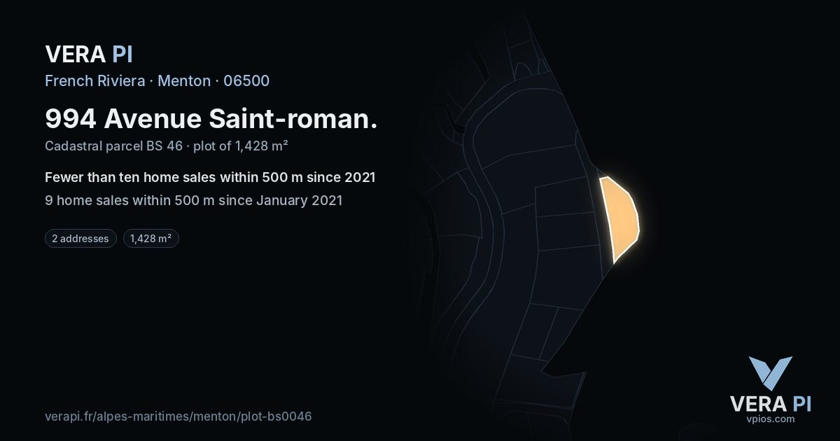 994 Avenue Saint-roman, Menton at night – the plot lit, the parcels around coloured by the prices near them