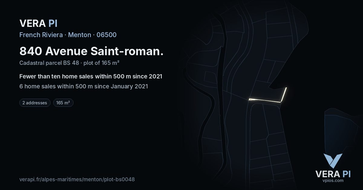840 Avenue Saint-roman, Menton at night – the plot lit, the parcels around coloured by the prices near them