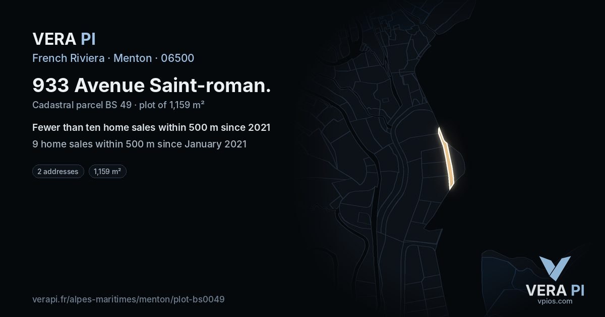 933 Avenue Saint-roman, Menton at night – the plot lit, the parcels around coloured by the prices near them