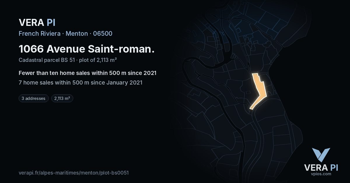 1066 Avenue Saint-roman, Menton at night – the plot lit, the parcels around coloured by the prices near them