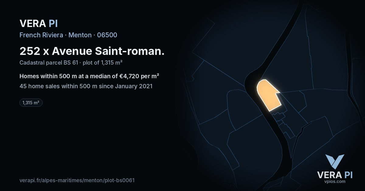 252 x Avenue Saint-roman, Menton at night – the plot lit, the parcels around coloured by the prices near them