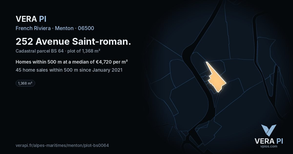252 Avenue Saint-roman, Menton at night – the plot lit, the parcels around coloured by the prices near them