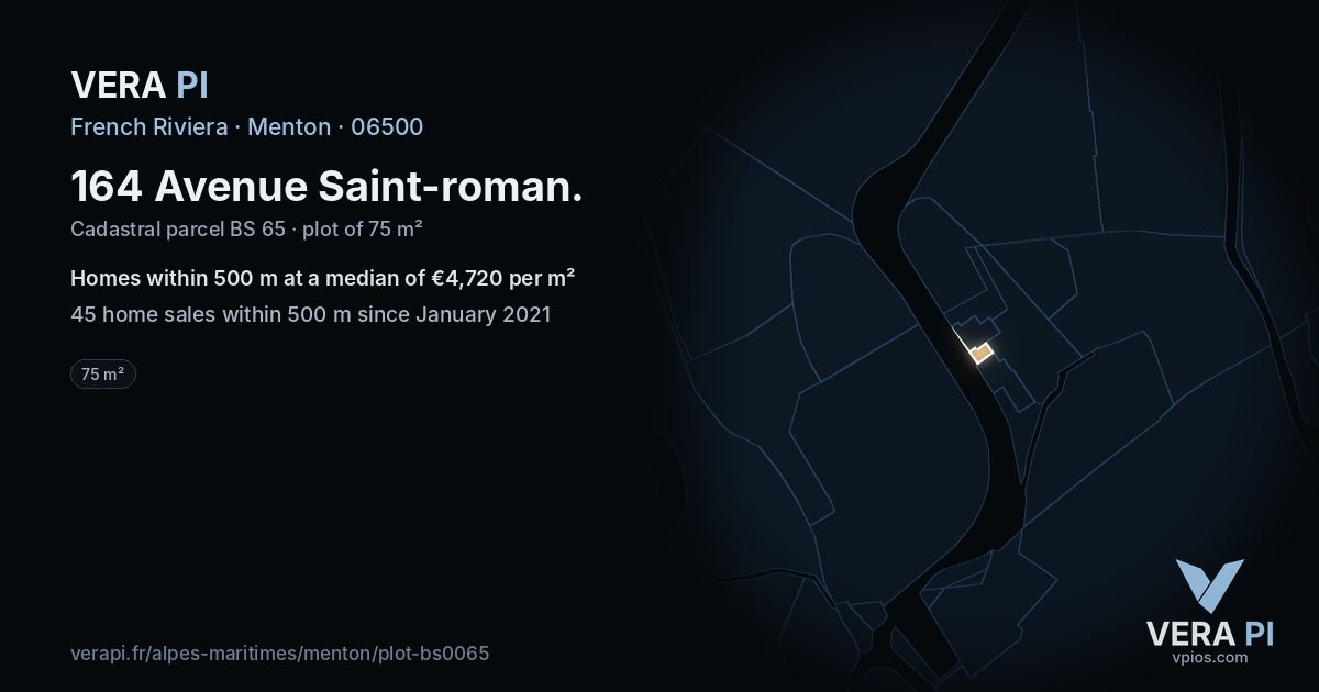 164 Avenue Saint-roman, Menton at night – the plot lit, the parcels around coloured by the prices near them