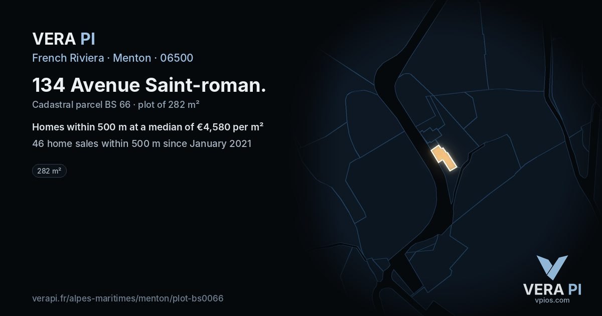 134 Avenue Saint-roman, Menton at night – the plot lit, the parcels around coloured by the prices near them