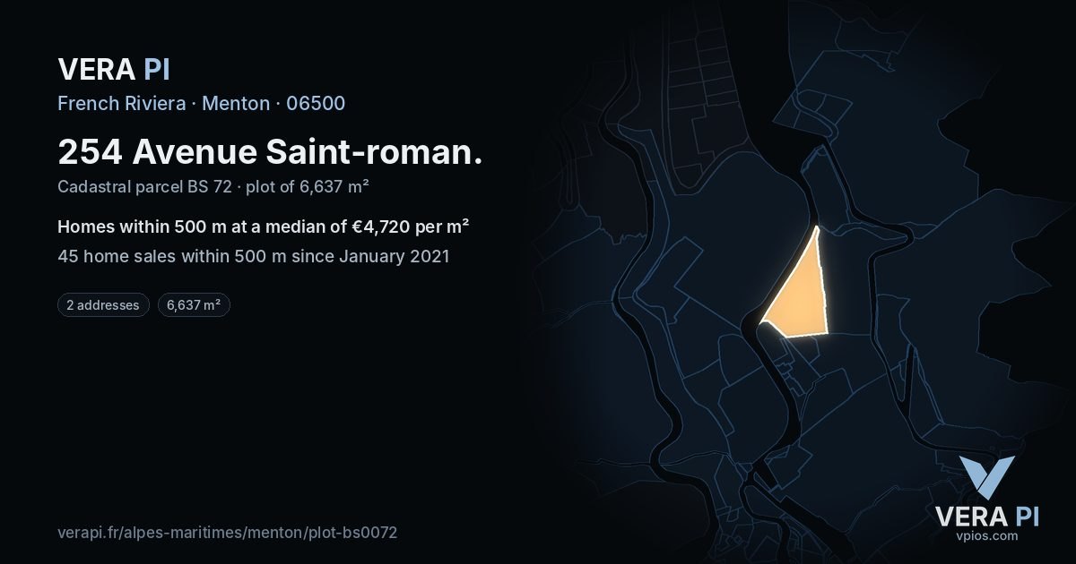 254 Avenue Saint-roman, Menton at night – the plot lit, the parcels around coloured by the prices near them