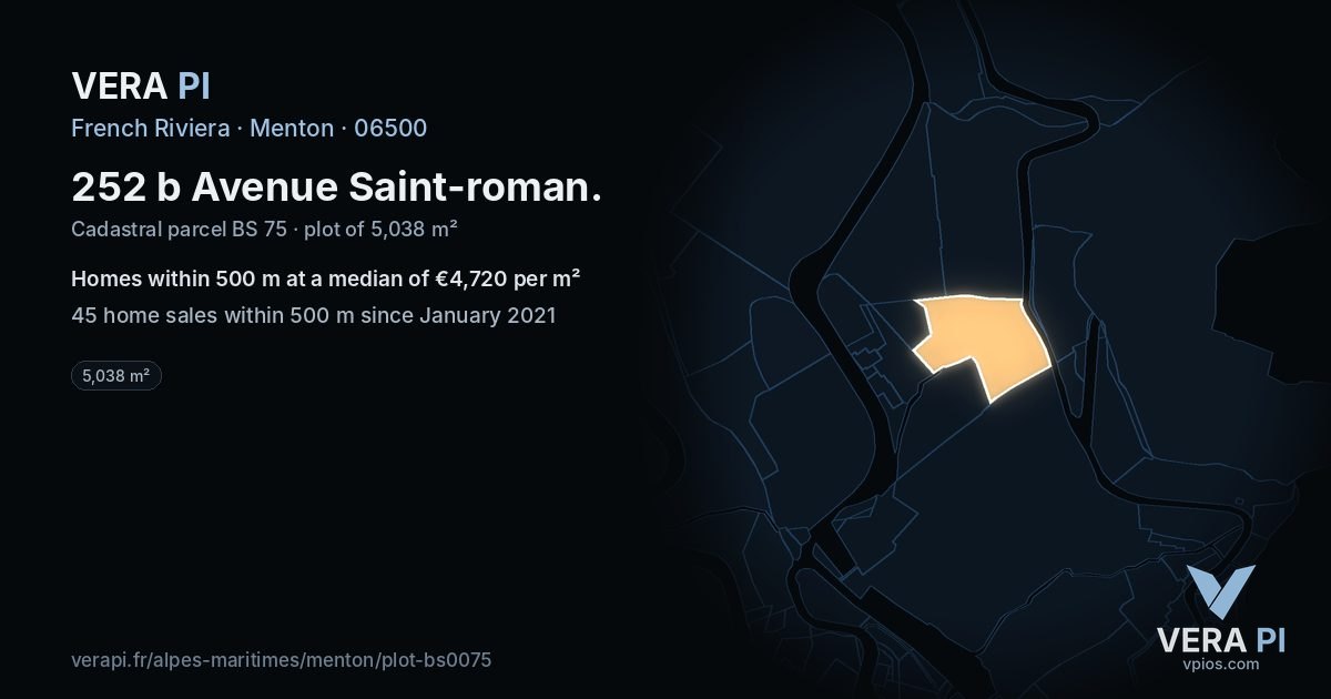 252 b Avenue Saint-roman, Menton at night – the plot lit, the parcels around coloured by the prices near them