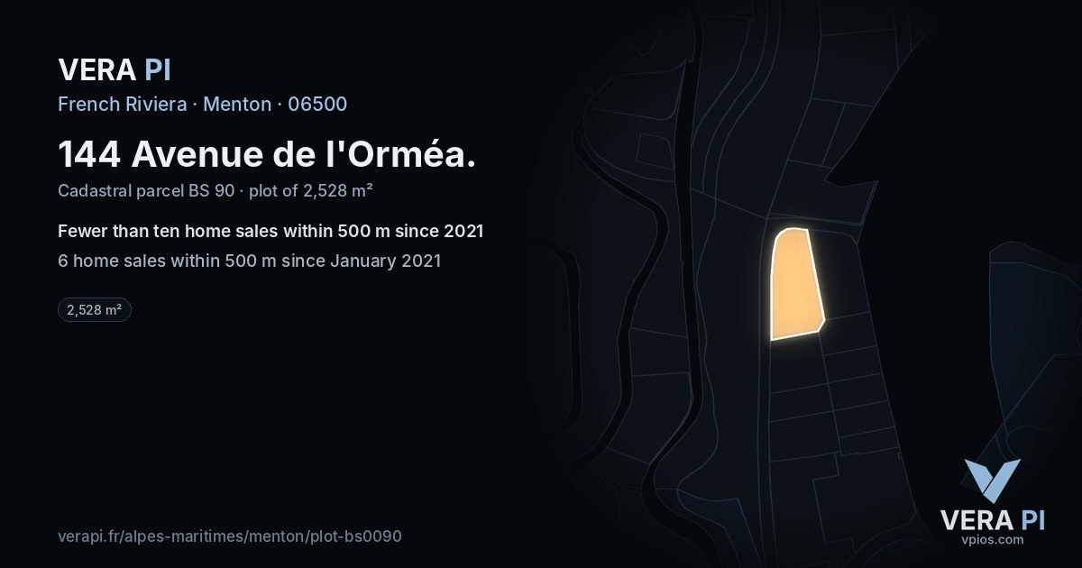 144 Avenue de l'Orméa, Menton at night – the plot lit, the parcels around coloured by the prices near them