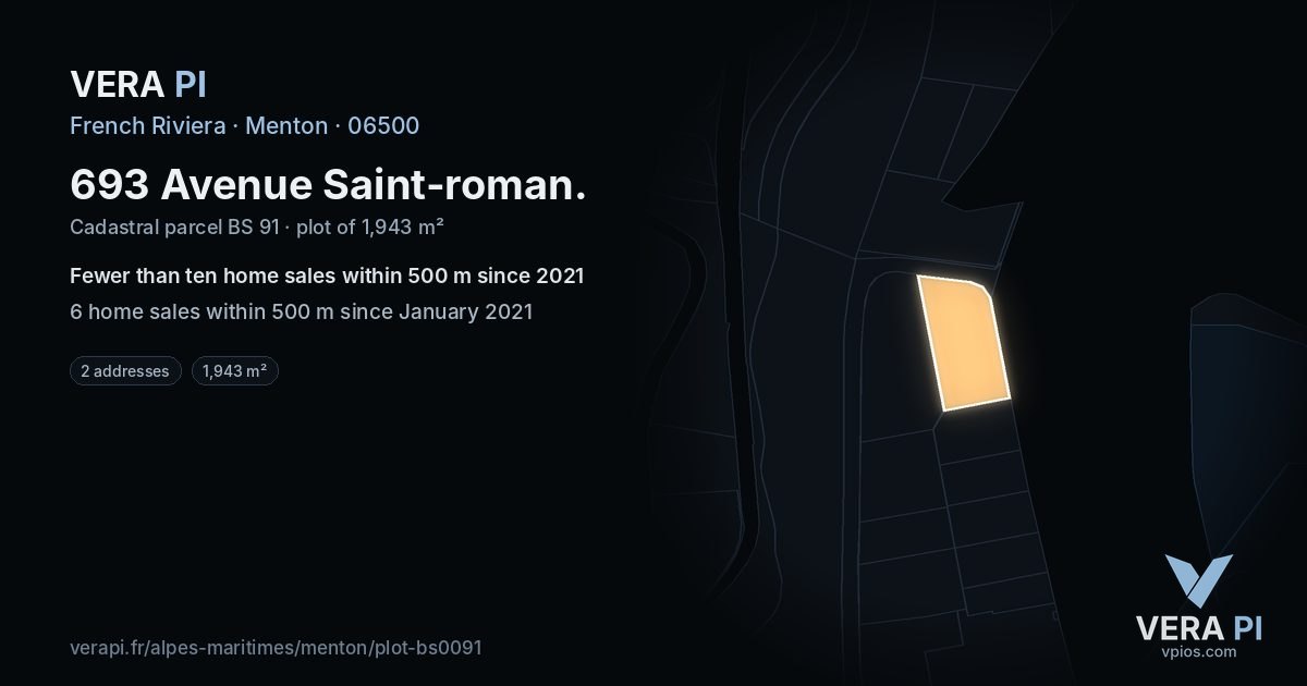693 Avenue Saint-roman, Menton at night – the plot lit, the parcels around coloured by the prices near them