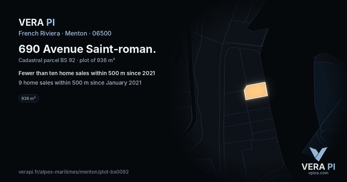 690 Avenue Saint-roman, Menton at night – the plot lit, the parcels around coloured by the prices near them