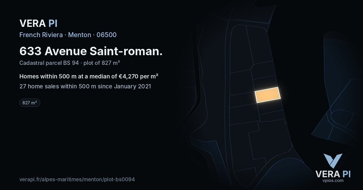 633 Avenue Saint-roman, Menton at night – the plot lit, the parcels around coloured by the prices near them