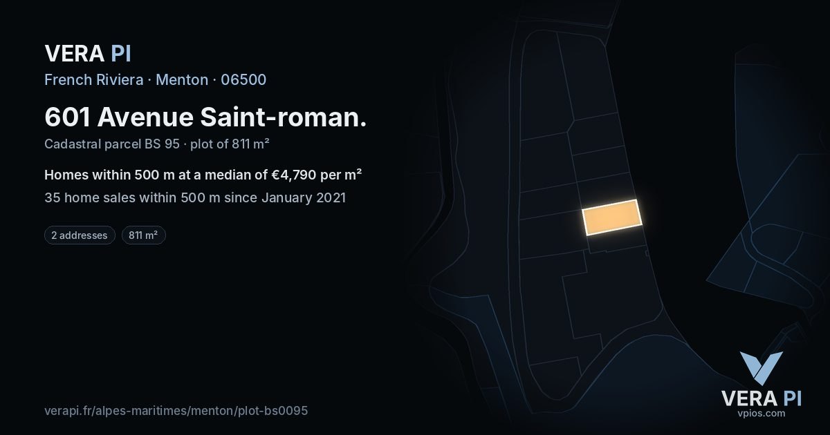 601 Avenue Saint-roman, Menton at night – the plot lit, the parcels around coloured by the prices near them