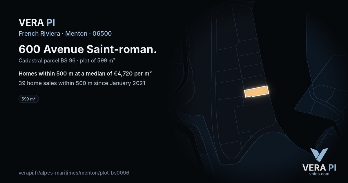 600 Avenue Saint-roman, Menton at night – the plot lit, the parcels around coloured by the prices near them