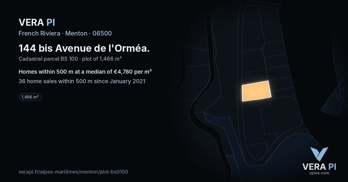 144 bis Avenue de l'Orméa, Menton at night – the plot lit, the parcels around coloured by the prices near them