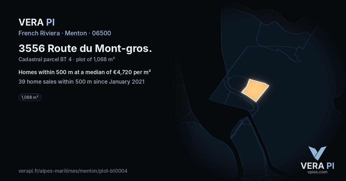 3556 Route du Mont-gros, Menton at night – the plot lit, the parcels around coloured by the prices near them