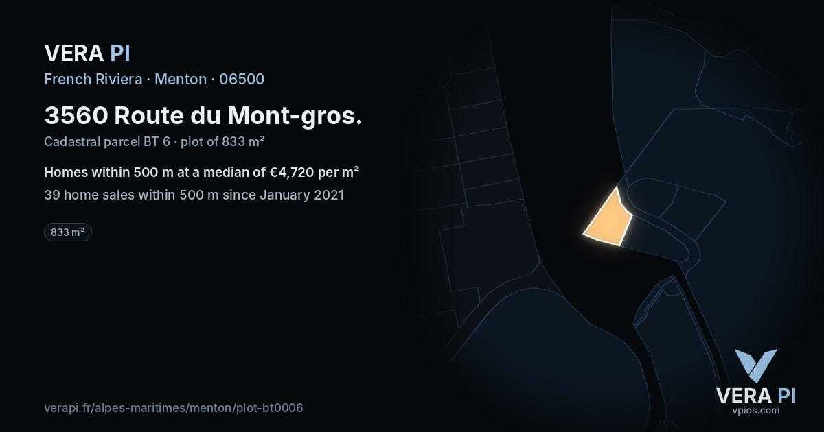 3560 Route du Mont-gros, Menton at night – the plot lit, the parcels around coloured by the prices near them