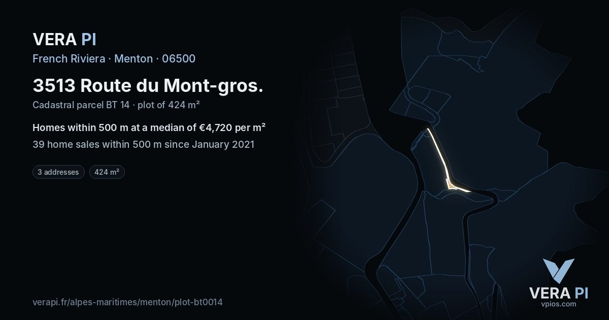 3513 Route du Mont-gros, Menton at night – the plot lit, the parcels around coloured by the prices near them