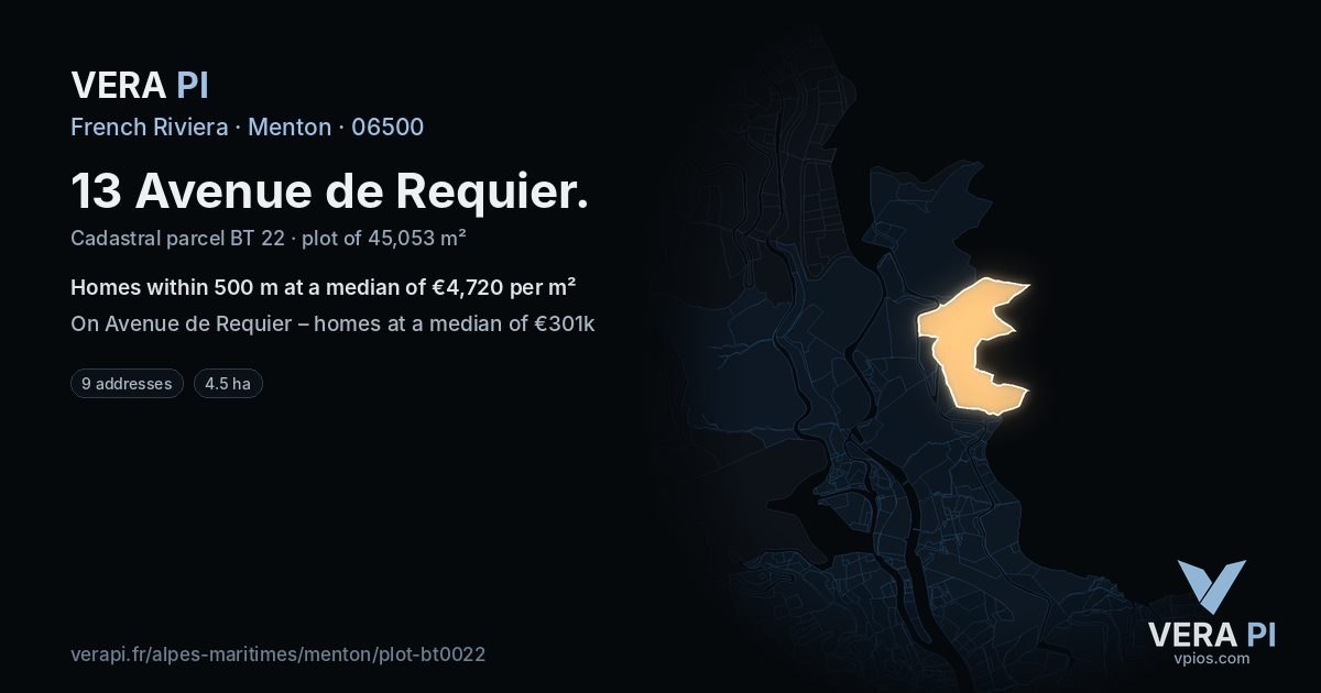 13 Avenue de Requier, Menton at night – the plot lit, the parcels around coloured by the prices near them