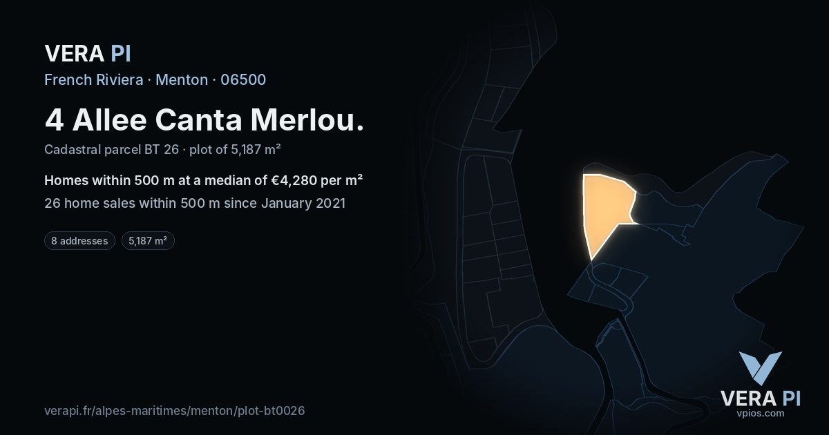4 Allee Canta Merlou, Menton at night – the plot lit, the parcels around coloured by the prices near them