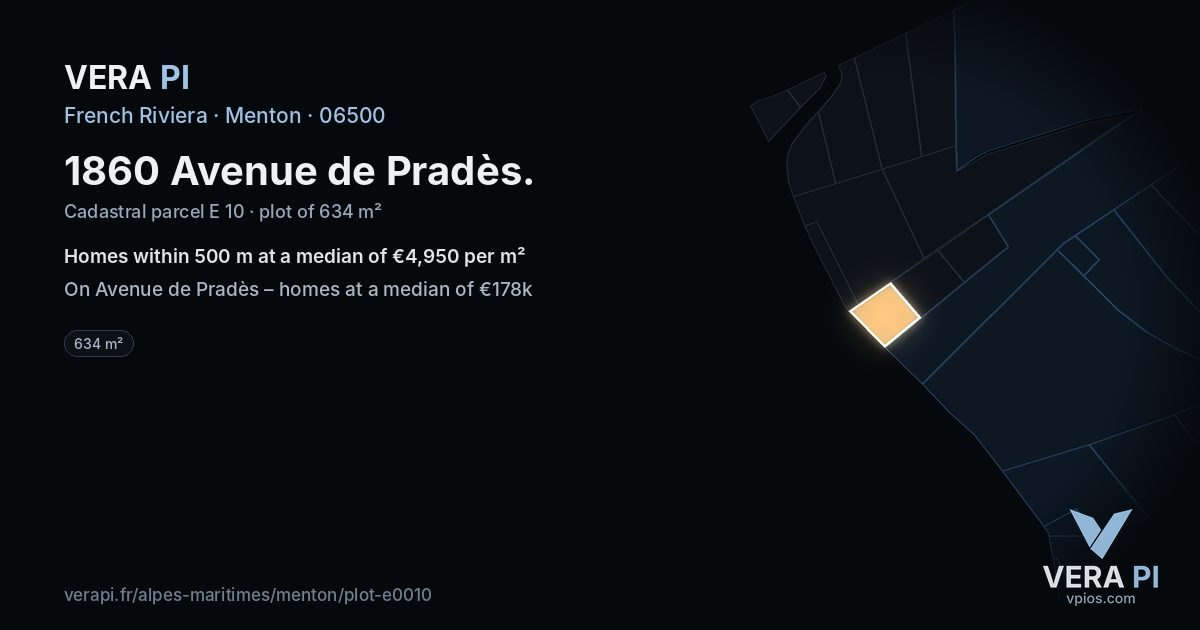 1860 Avenue de Pradès, Menton at night – the plot lit, the parcels around coloured by the prices near them