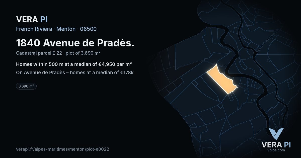 1840 Avenue de Pradès, Menton at night – the plot lit, the parcels around coloured by the prices near them