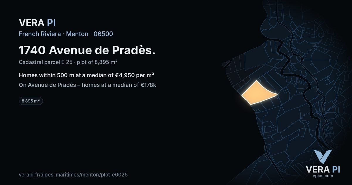 1740 Avenue de Pradès, Menton at night – the plot lit, the parcels around coloured by the prices near them