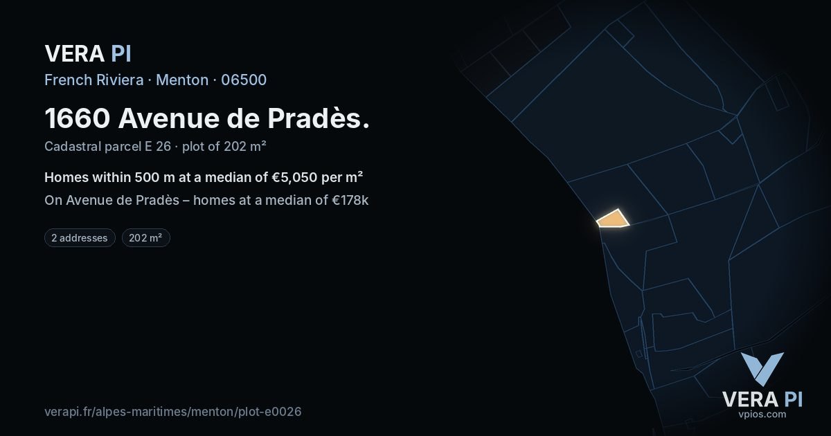 1660 Avenue de Pradès, Menton at night – the plot lit, the parcels around coloured by the prices near them