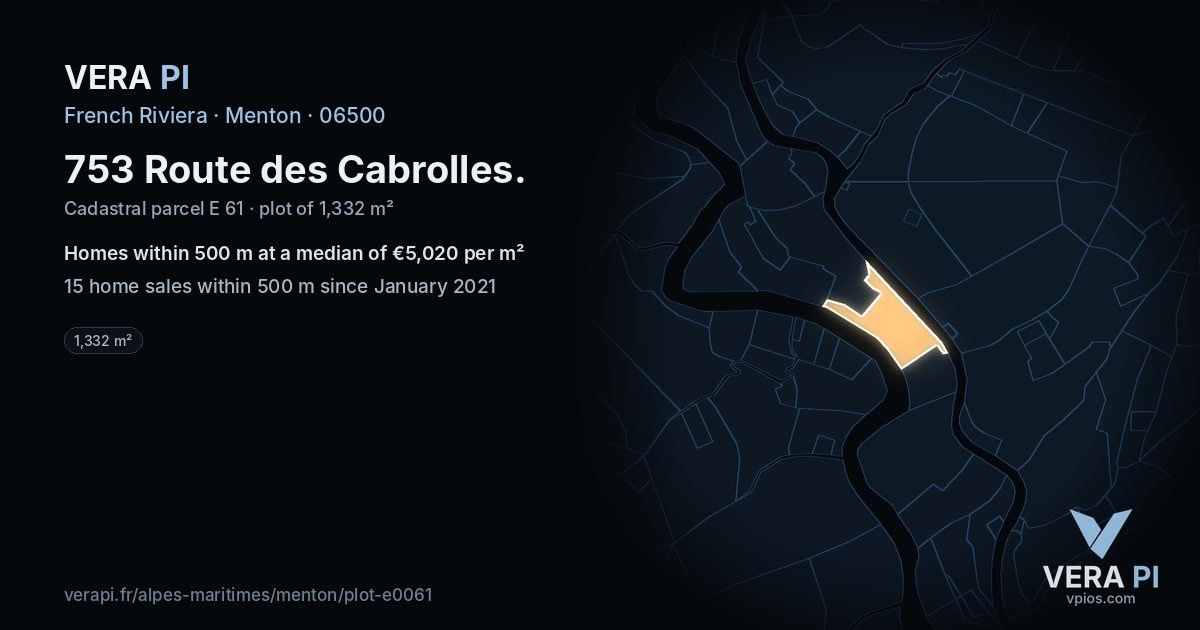 753 Route des Cabrolles, Menton at night – the plot lit, the parcels around coloured by the prices near them