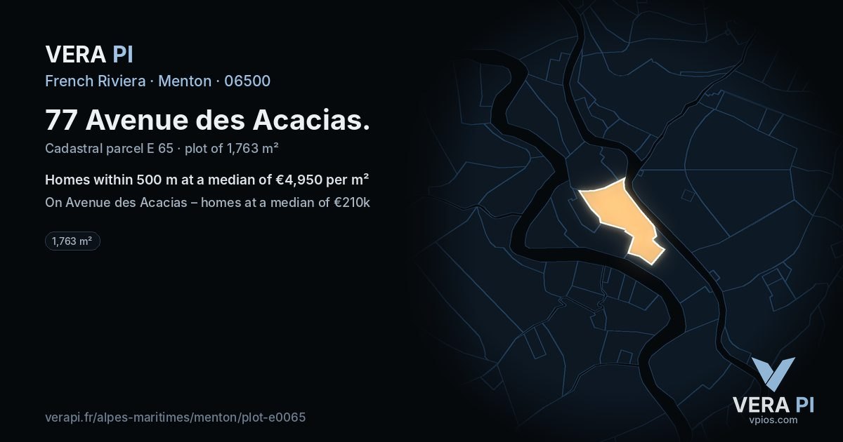 77 Avenue des Acacias, Menton at night – the plot lit, the parcels around coloured by the prices near them