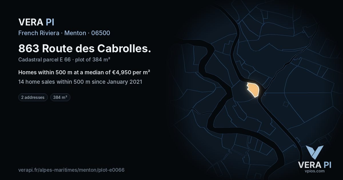 863 Route des Cabrolles, Menton at night – the plot lit, the parcels around coloured by the prices near them