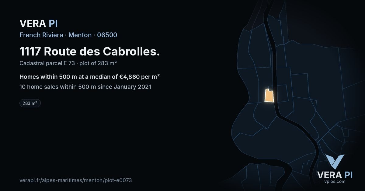 1117 Route des Cabrolles, Menton at night – the plot lit, the parcels around coloured by the prices near them