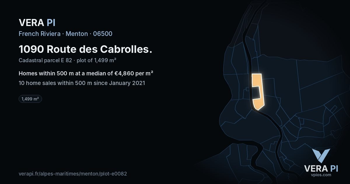 1090 Route des Cabrolles, Menton at night – the plot lit, the parcels around coloured by the prices near them