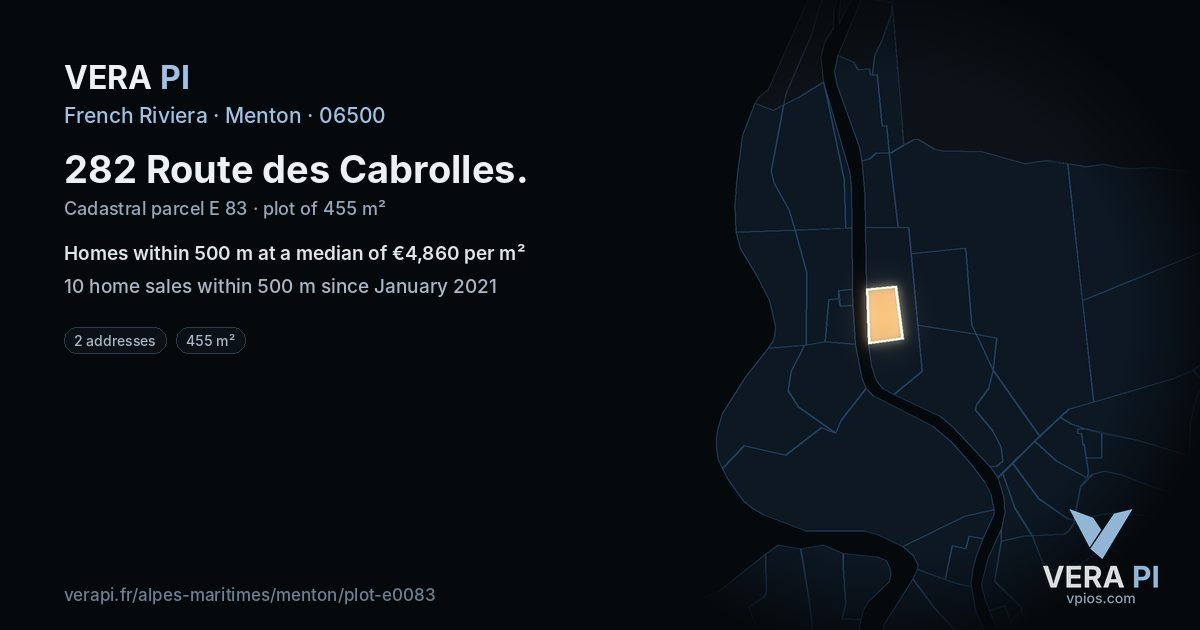 282 Route des Cabrolles, Menton at night – the plot lit, the parcels around coloured by the prices near them