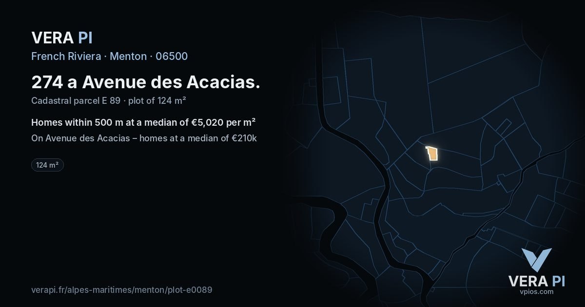 274 a Avenue des Acacias, Menton at night – the plot lit, the parcels around coloured by the prices near them