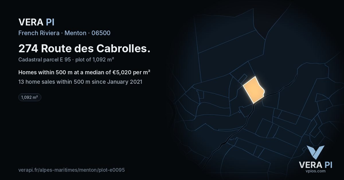 274 Route des Cabrolles, Menton at night – the plot lit, the parcels around coloured by the prices near them