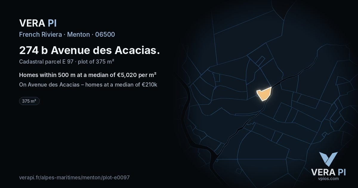 274 b Avenue des Acacias, Menton at night – the plot lit, the parcels around coloured by the prices near them