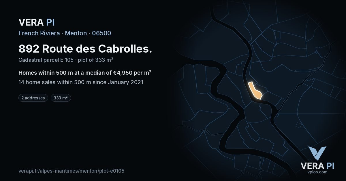 892 Route des Cabrolles, Menton at night – the plot lit, the parcels around coloured by the prices near them