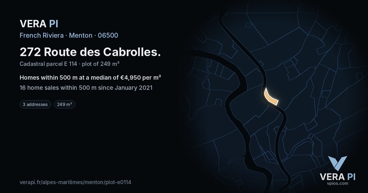 272 Route des Cabrolles, Menton at night – the plot lit, the parcels around coloured by the prices near them