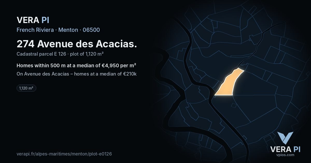 274 Avenue des Acacias, Menton at night – the plot lit, the parcels around coloured by the prices near them