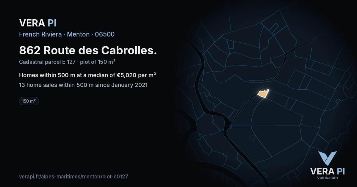 862 Route des Cabrolles, Menton at night – the plot lit, the parcels around coloured by the prices near them