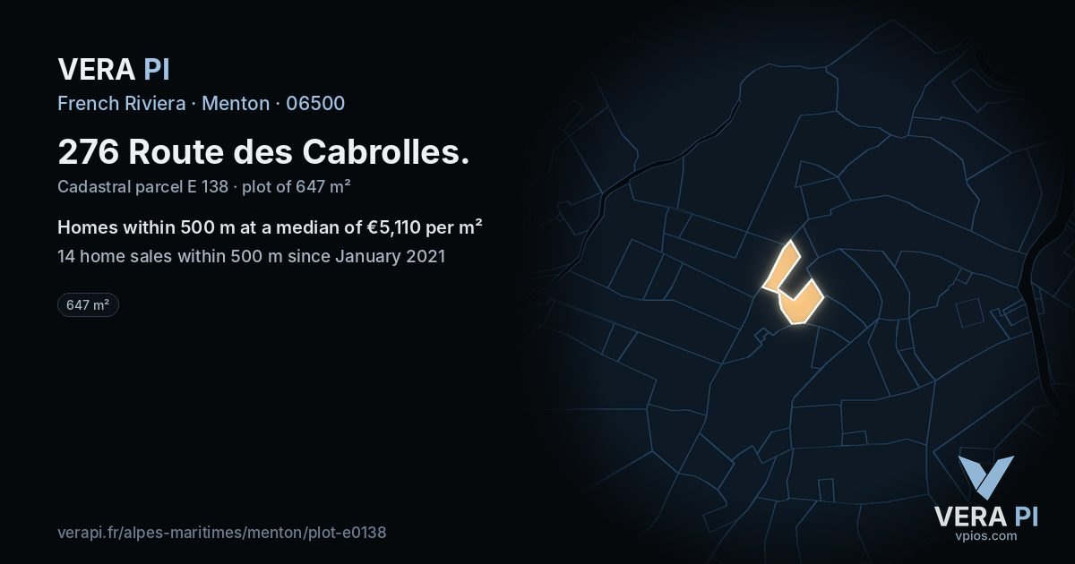 276 Route des Cabrolles, Menton at night – the plot lit, the parcels around coloured by the prices near them