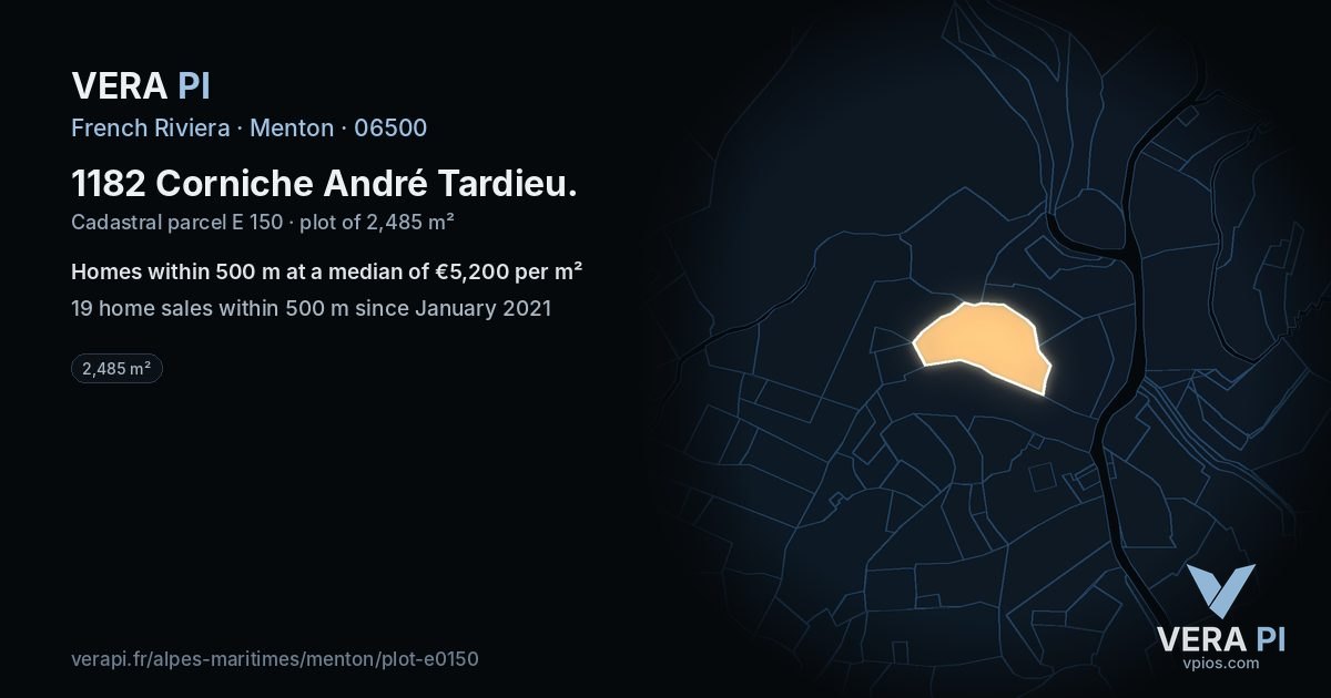 1182 Corniche André Tardieu, Menton at night – the plot lit, the parcels around coloured by the prices near them