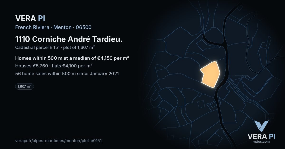1110 Corniche André Tardieu, Menton at night – the plot lit, the parcels around coloured by the prices near them
