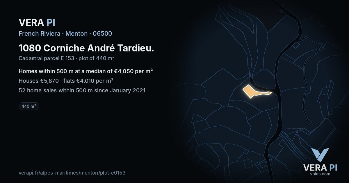 1080 Corniche André Tardieu, Menton at night – the plot lit, the parcels around coloured by the prices near them