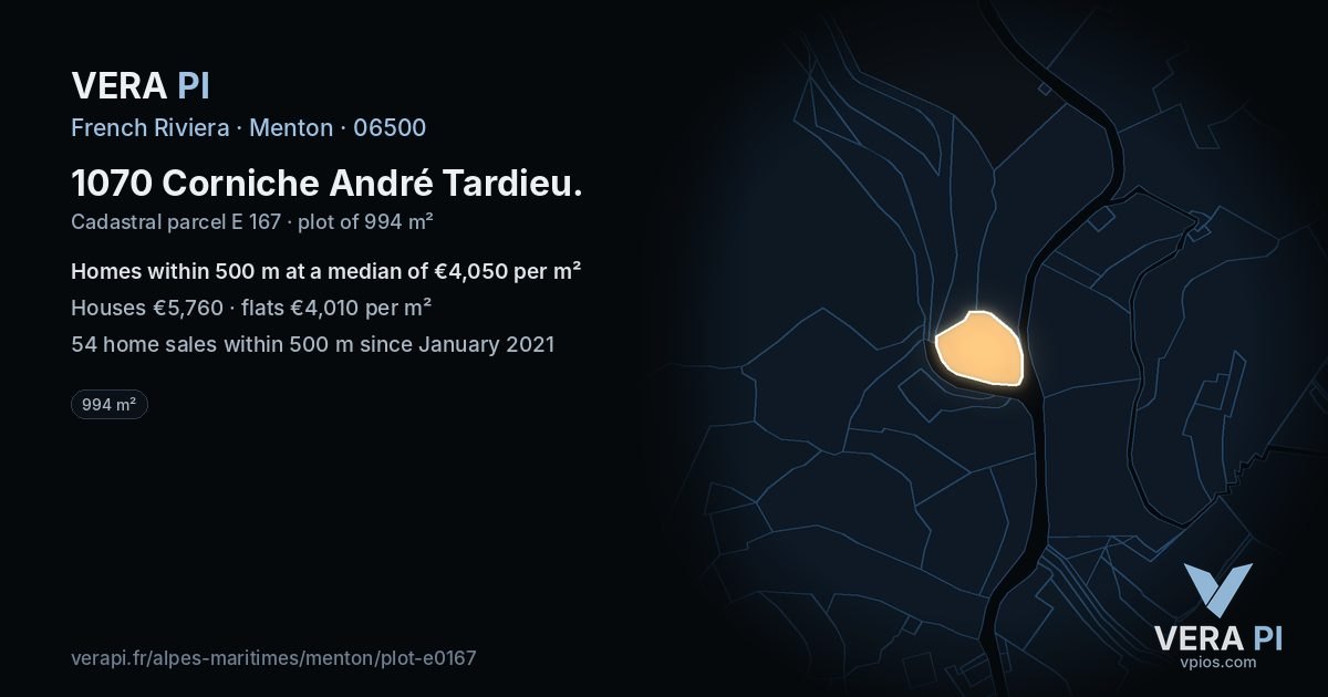 1070 Corniche André Tardieu, Menton at night – the plot lit, the parcels around coloured by the prices near them