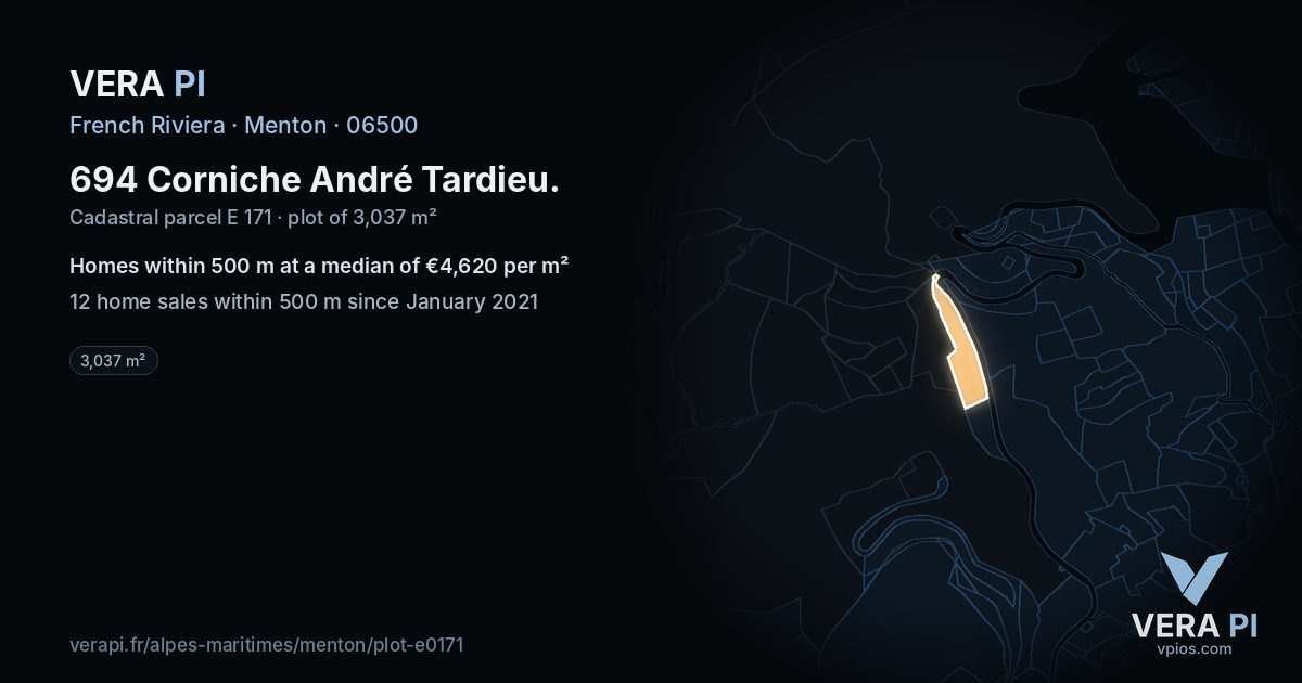 694 Corniche André Tardieu, Menton at night – the plot lit, the parcels around coloured by the prices near them