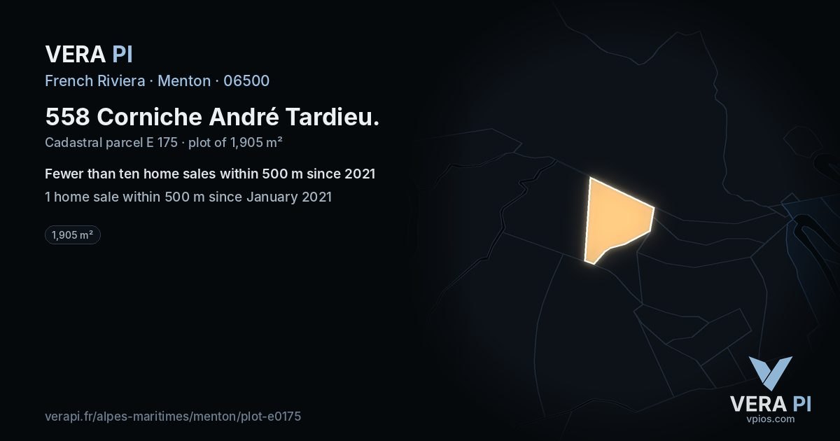 558 Corniche André Tardieu, Menton at night – the plot lit, the parcels around coloured by the prices near them
