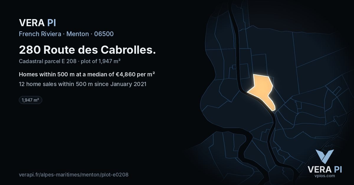 280 Route des Cabrolles, Menton at night – the plot lit, the parcels around coloured by the prices near them