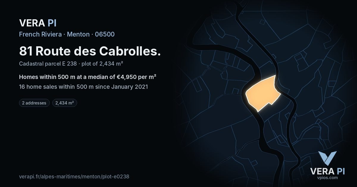 81 Route des Cabrolles, Menton at night – the plot lit, the parcels around coloured by the prices near them